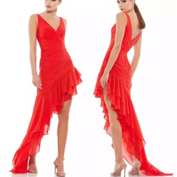 Mac Duggal Red Ruffle Asymmetric Ruched
Sheath Dress Size Wedding Flattering - Picture 3 of 12